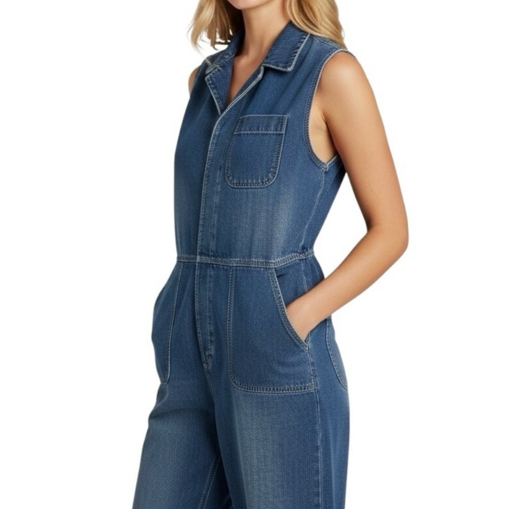 Sleeveless-Cap Sleeves Denim Utility Jumpsuit with Adjustable Tabs Size L/XXL